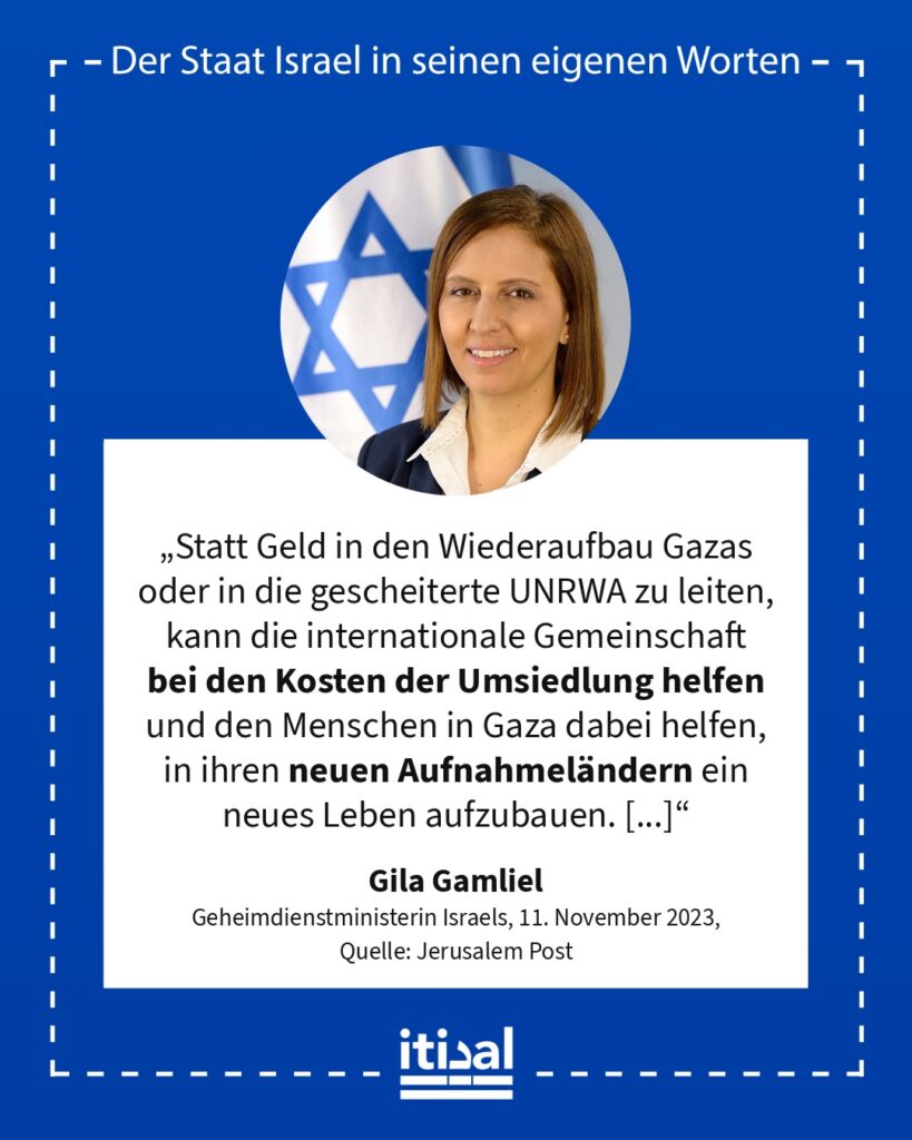 „Statt Geld in den Wiederaufbau Gazas oder in die gescheiterte UNRWA zu leiten, kann die internationale Gemeinschaft bei den Kosten der Umsiedlung helfen und den Menschen in Gaza …“ Gila Gamliel, 11. November 2023