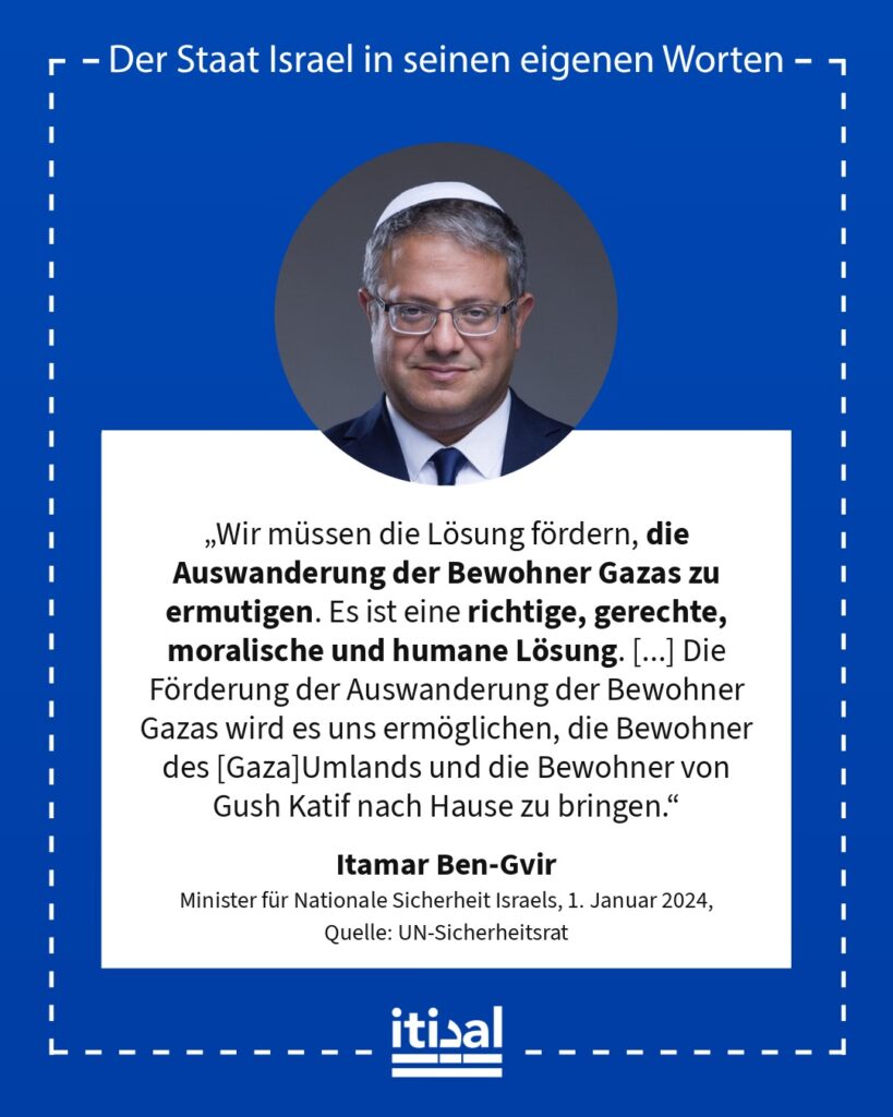 „Wir müssen die Lösung fördern, die Auswanderung der Bewohner Gazas zu ermutigen. Es ist eine richtige, gerechte, moralische und humane Lösung. Wir haben Partner auf der ganzen …“ Itamar Ben-Gvir, 1. Januar 2024