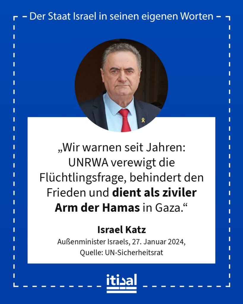 „Wir warnen seit Jahren: UNRWA verewigt die Flüchtlingsfrage, behindert den Frieden und dient als ziviler Arm der Hamas in Gaza.“ Israel Katz, 27. Januar 2024