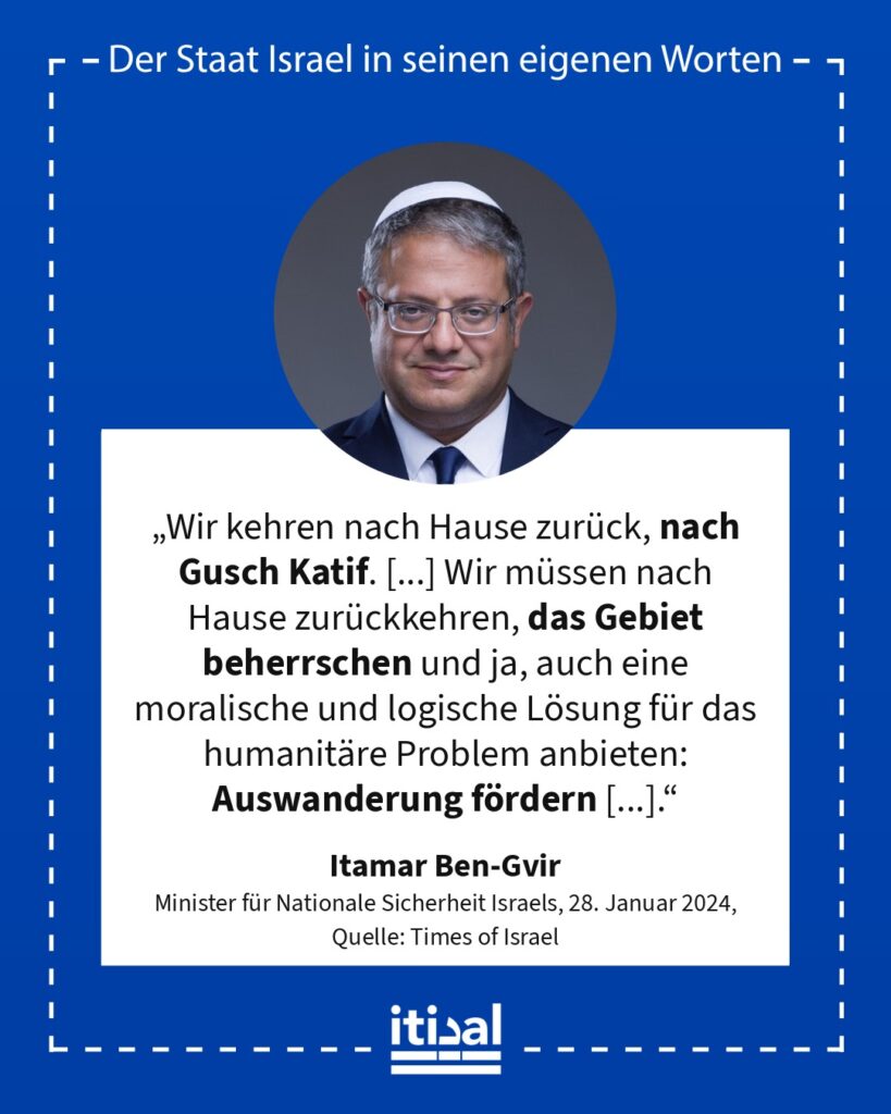„Wir kehren nach Hause zurück, nach Gusch Katif. [...] Teil der Korrektur des Fehlers, der Anerkennung der Sünde der Konzeption, die uns den 7. Oktober und die Vertreibung [der …“ Itamar Ben-Gvir, 28. Januar 2024