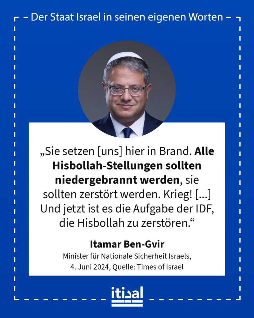 „Sie setzen [uns] hier in Brand. Alle Hisbollah-Stellungen sollten niedergebrannt werden, sie sollten zerstört werden. Krieg! [...] Und jetzt ist es die Aufgabe der IDF, die …“ Itamar Ben-Gvir, 4. Juni 2024