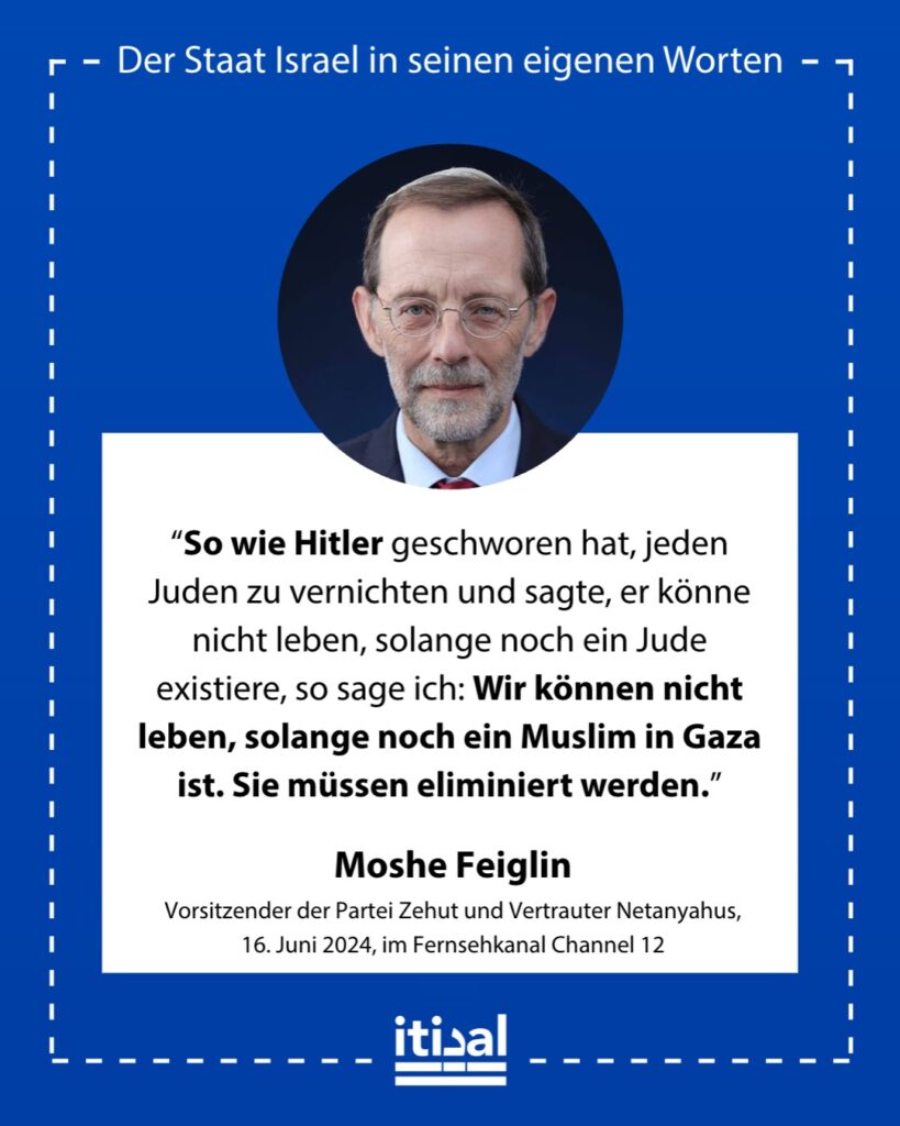 „So wie Hitler geschworen hat, jeden Juden zu vernichten und sagte, er könne nicht leben, solange noch ein Jude existiere, so sage ich: Wir können nicht leben, solange noch ein …“ Moshe Feiglin, 16. Juni 2024