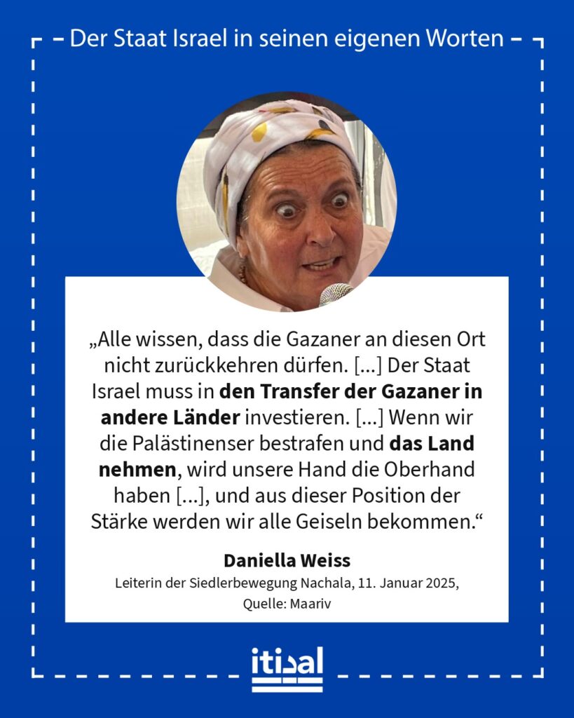 „Alle wissen, dass die Gazaner an diesen Ort nicht zurückkehren dürfen. [...] Der Staat Israel muss in den Transfer der Gazaner in andere Länder investieren. [...] Wenn wir die …“ Daniella Weiss, veröffentlicht am 11. Januar 2025