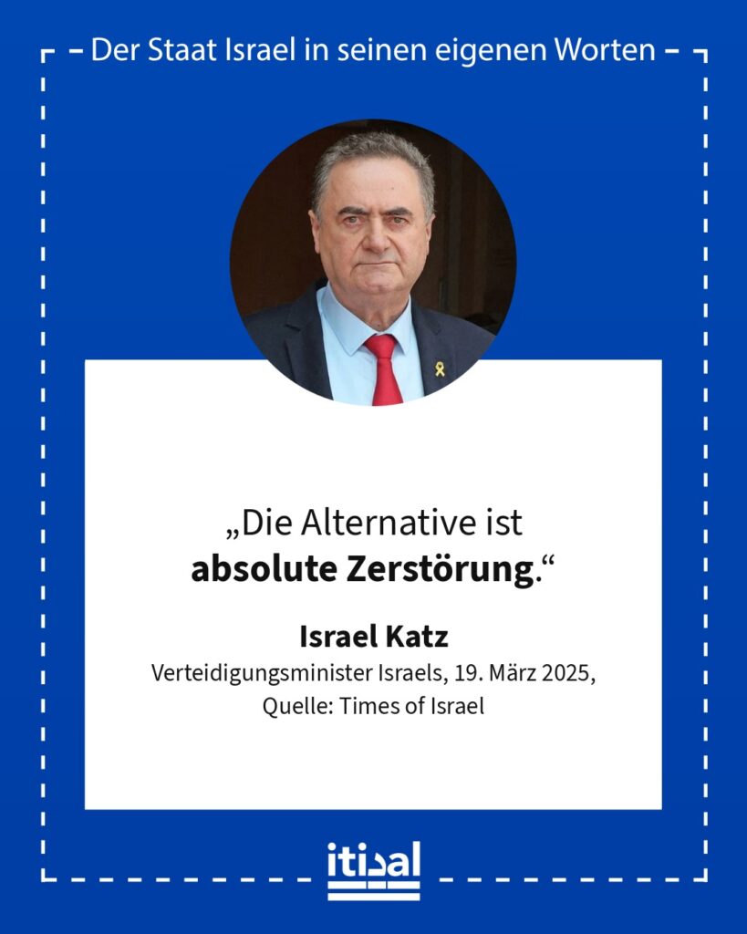 „Die Alternative ist absolute Zerstörung.“ Israel Katz, 19. März 2025