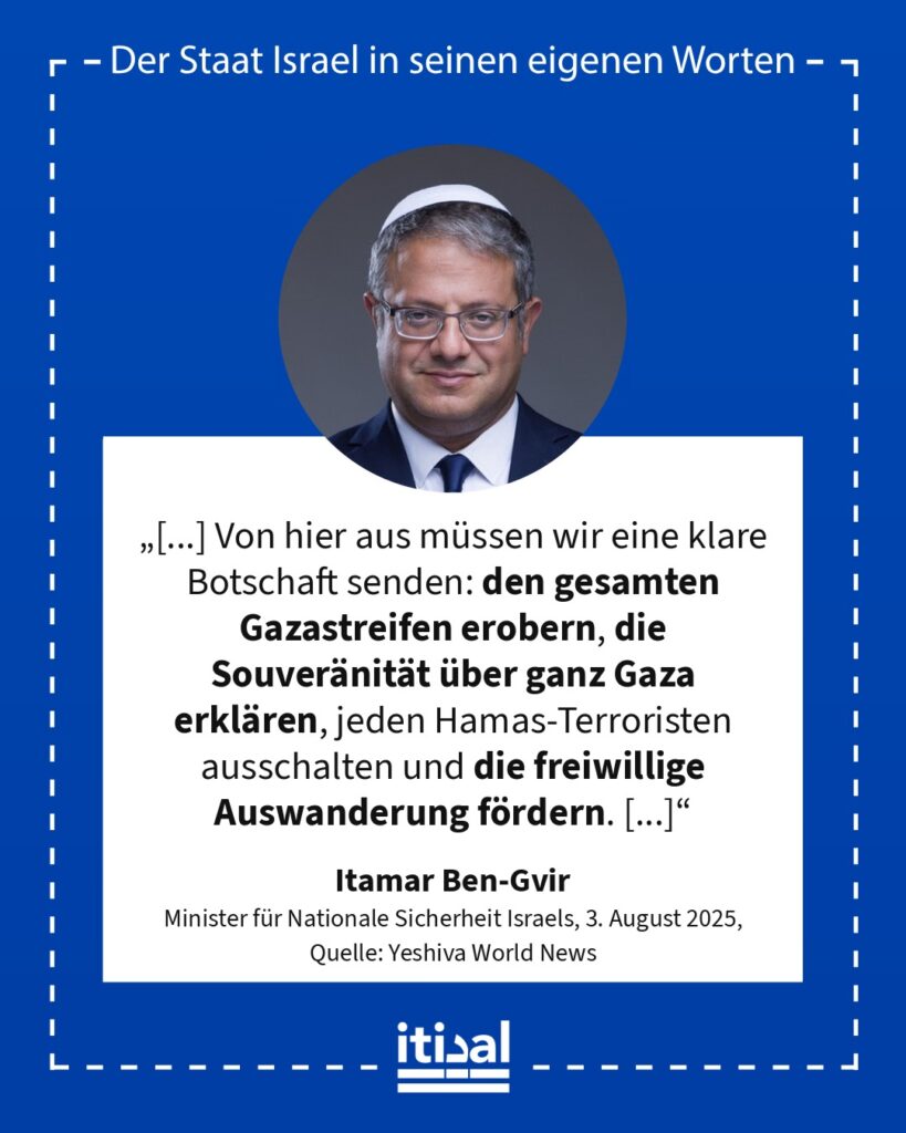 „Die schrecklichen Videos der Hamas haben nur ein Ziel: den Staat Israel unter Druck zu setzen. Und ich sage das ausgerechnet vom Tempelberg [im illegal besetzten Ostjerusalem] …“ Itamar Ben-Gvir, 3. August 2025