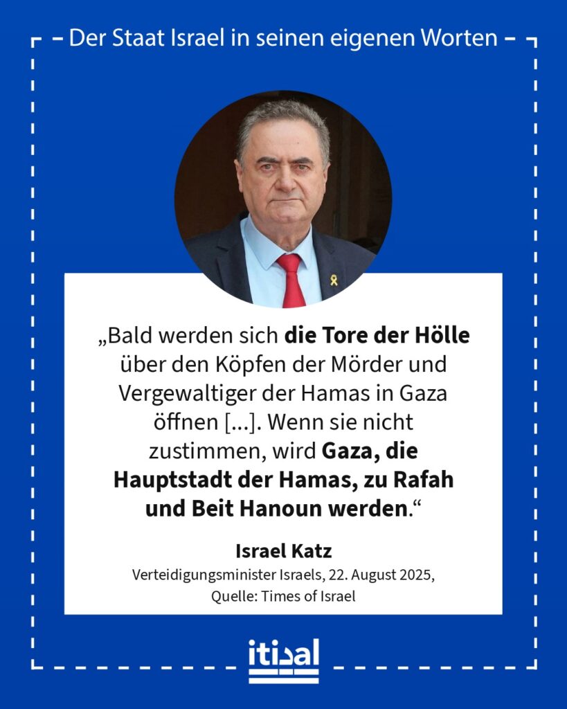 „Bald werden sich die Tore der Hölle über den Köpfen der Mörder und Vergewaltiger der Hamas in Gaza öffnen, bis sie Israels Bedingungen für die Beendigung des Krieges zustimmen, …“ Israel Katz, 22. August 2025