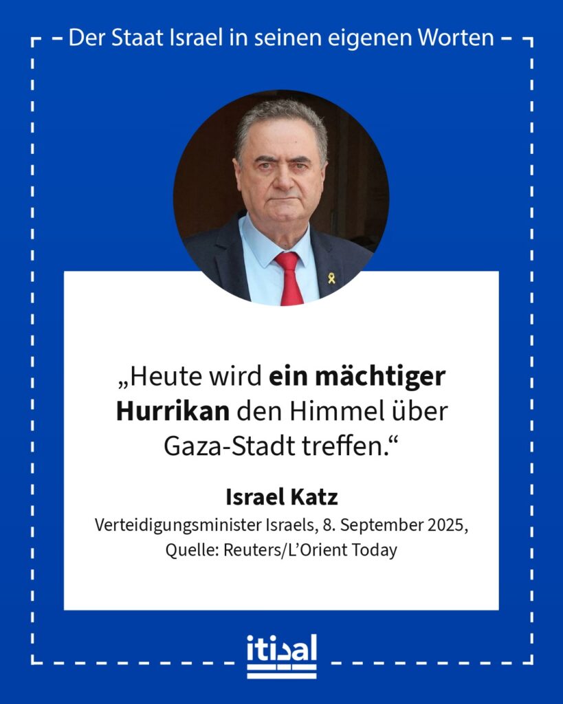 „Heute wird ein mächtiger Hurrikan den Himmel über Gaza-Stadt treffen.“ Israel Katz, 8. September 2025