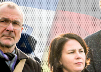 Volker Beck, Präsident der Deutsch-Israelischen Gesellschaft, und Annalena Baerbock vor einer Collage aus israelischer und deutscher Flagge