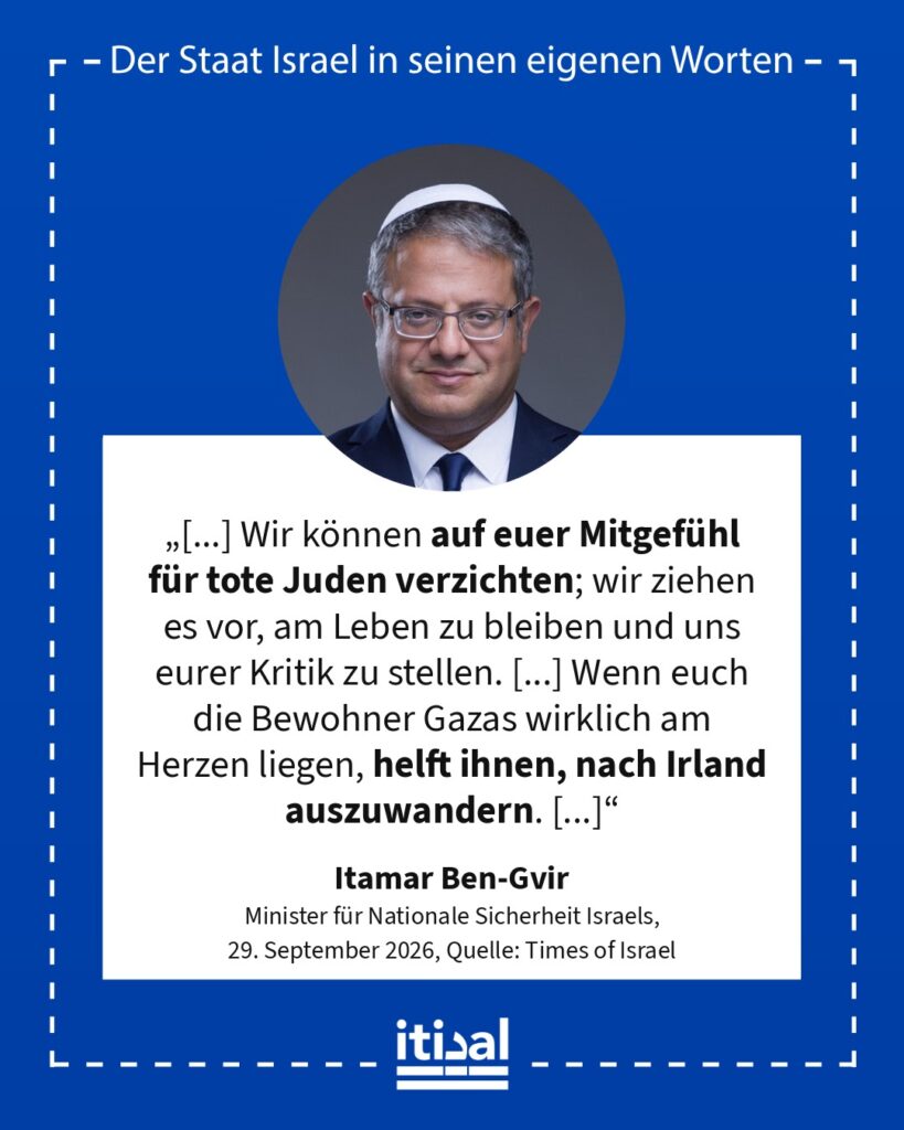 „Die Heuchelei der weltweiten Unterstützer des Terrors kennt keine Grenzen. [...] Die Juden haben aufgehört, sich für ihr Recht zu leben zu entschuldigen. Wir können auf euer …“ Itamar Ben-Gvir, 29. September 2026
