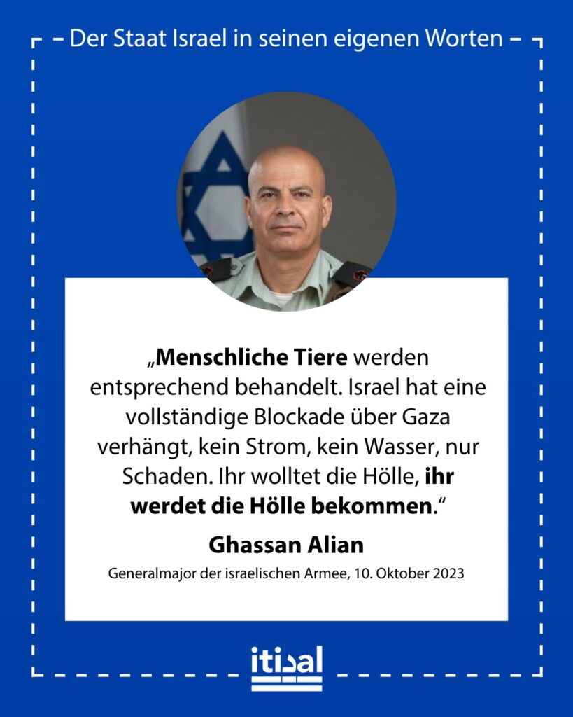 „Die Hamas ist zum IS geworden und die Bürger Gazas feiern, statt entsetzt zu sein. Menschliche Tiere werden entsprechend behandelt. Israel hat eine vollständige Blockade über Gaza …“ Ghassan Alian, 10. Oktober 2023
