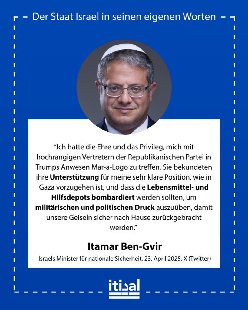 „Ich hatte die Ehre und das Privileg, mich in Trumps Anwesen Mar-a-Lago mit hochrangigen Vertretern der Republikanischen Partei zu treffen. Sie bekundeten ihre Unterstützung für …“ Itamar Ben-Gvir, 23. April 2025