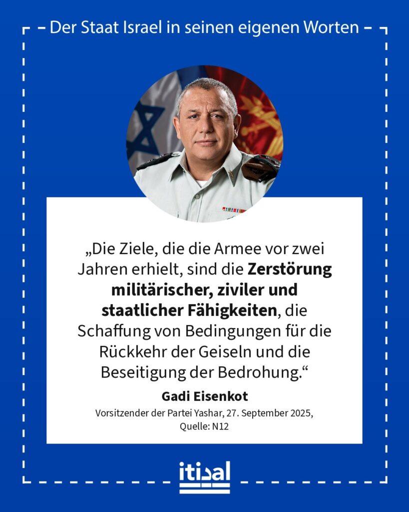 „Wir hätten im Oktober 2024 an einem ganz anderen Ort sein müssen, mit einer zerlegten Hamas, mit ziviler Kontrolle und mit operativer Kontrolle. Das ist nicht geschehen. [...] Die …“ Gadi Eisenkot, 27. September 2025