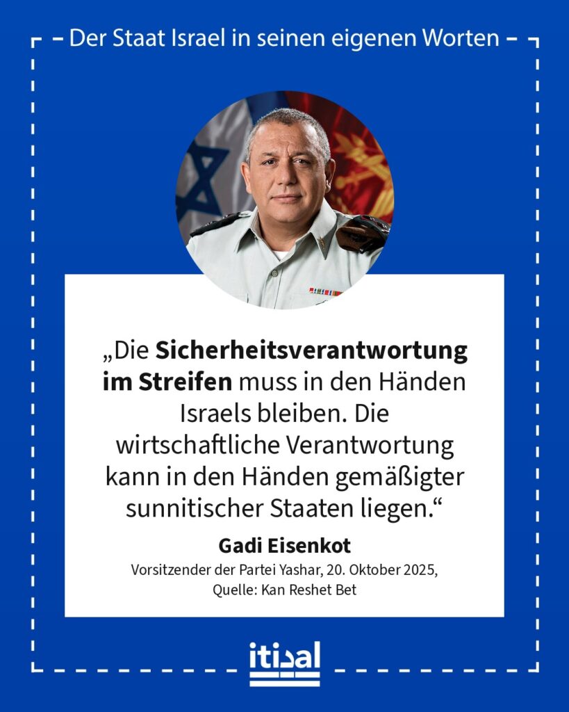 „Die Sicherheitsverantwortung im Streifen muss in den Händen Israels bleiben. Die wirtschaftliche Verantwortung kann in den Händen gemäßigter sunnitischer Staaten liegen.“ Gadi Eisenkot, 20. Oktober 2025
