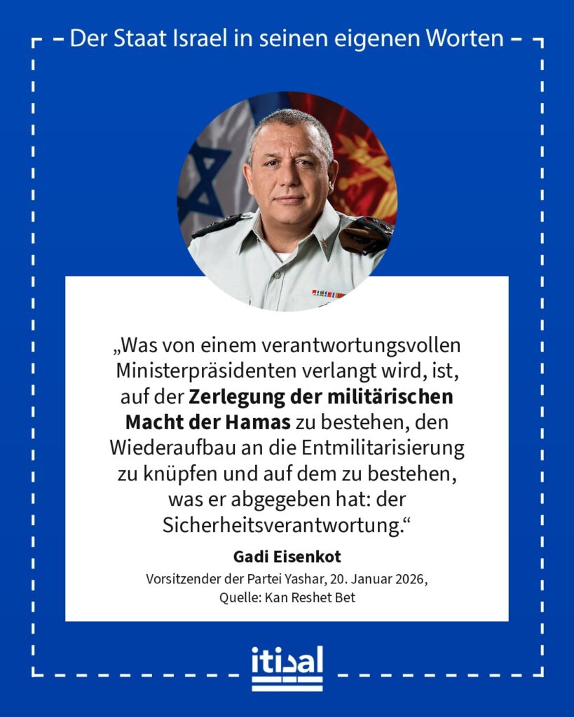 „Was von einem verantwortungsvollen Ministerpräsidenten verlangt wird, ist, auf der Zerlegung der militärischen Macht der Hamas zu bestehen, den Wiederaufbau an die …“ Gadi Eisenkot, 20. Januar 2026