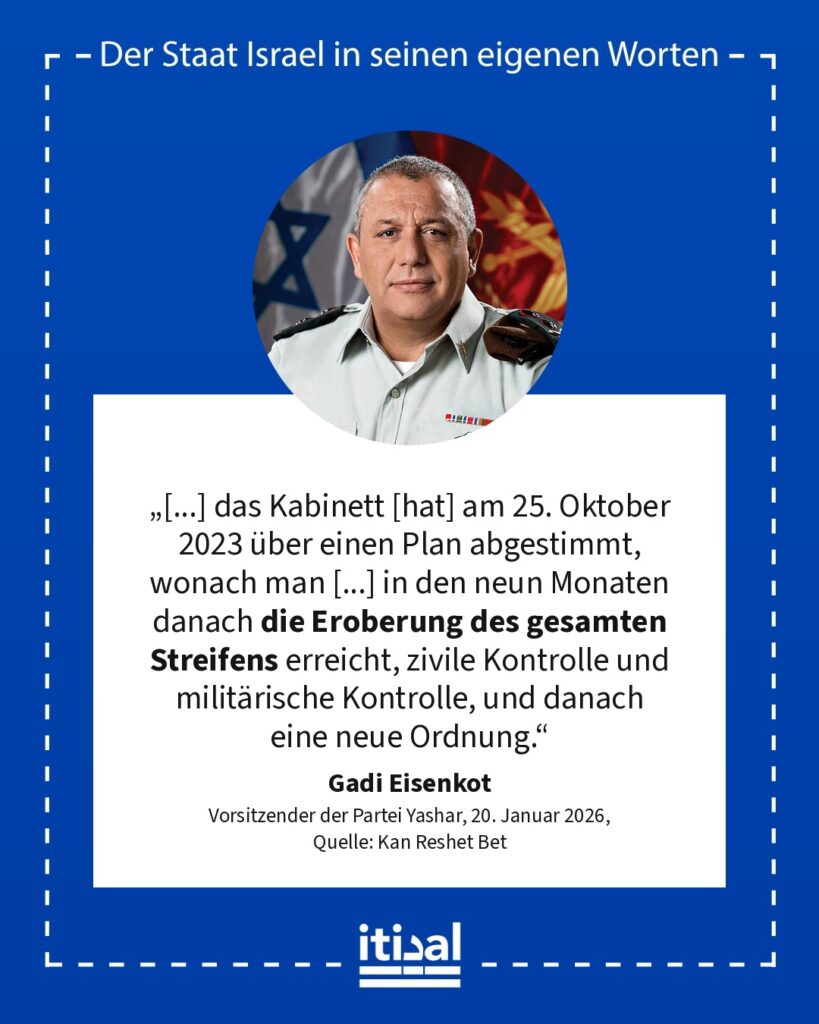 „Ich bin nicht sicher, dass er sich daran erinnert, dass das Kabinett am 25. Oktober 2023 über einen Plan abgestimmt hat, wonach man in den ersten drei Monaten eine erste Zerlegung …“ Gadi Eisenkot, 20. Januar 2026