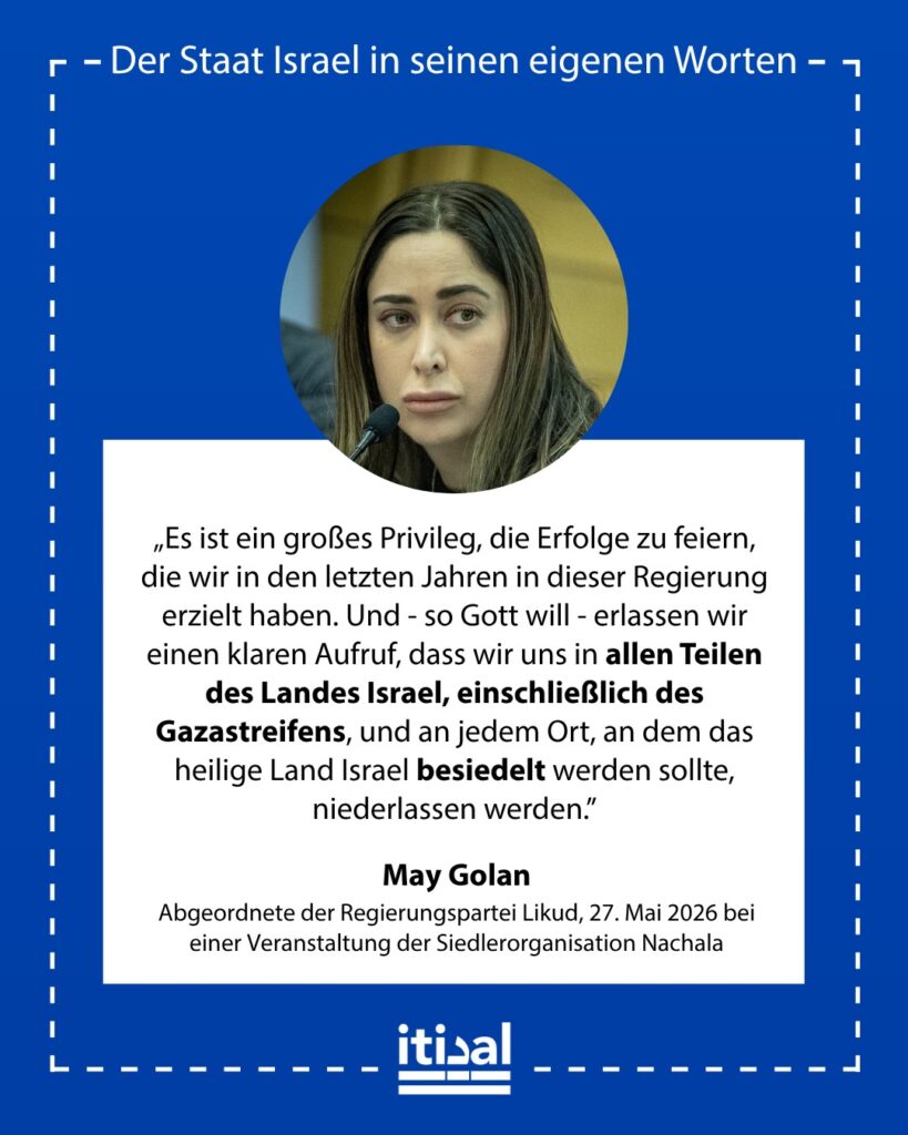 „Es ist ein großes Privileg, die Erfolge zu feiern, die wir in den vergangenen Jahren in dieser Regierung erzielt haben, und, so Gott will, einen klaren Aufruf auszusprechen, dass …“ May Golan, 27. Mai 2026