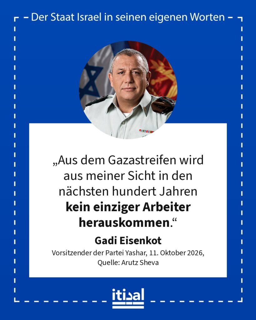 „Aus dem Gazastreifen wird aus meiner Sicht in den nächsten hundert Jahren kein einziger Arbeiter herauskommen.“ Gadi Eisenkot, 11. Oktober 2026